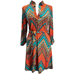 Auditions Southwestern Orange Turquoise Black Zigzag Belted Dress Size Small NEW